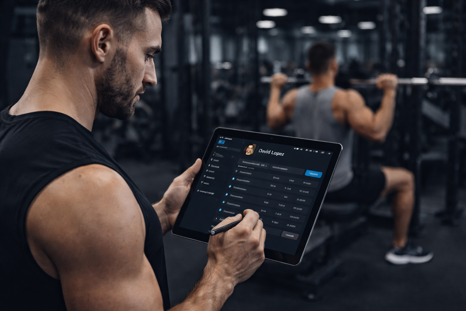 Entrenador usando una tablet para asignar una rutina a un cliente